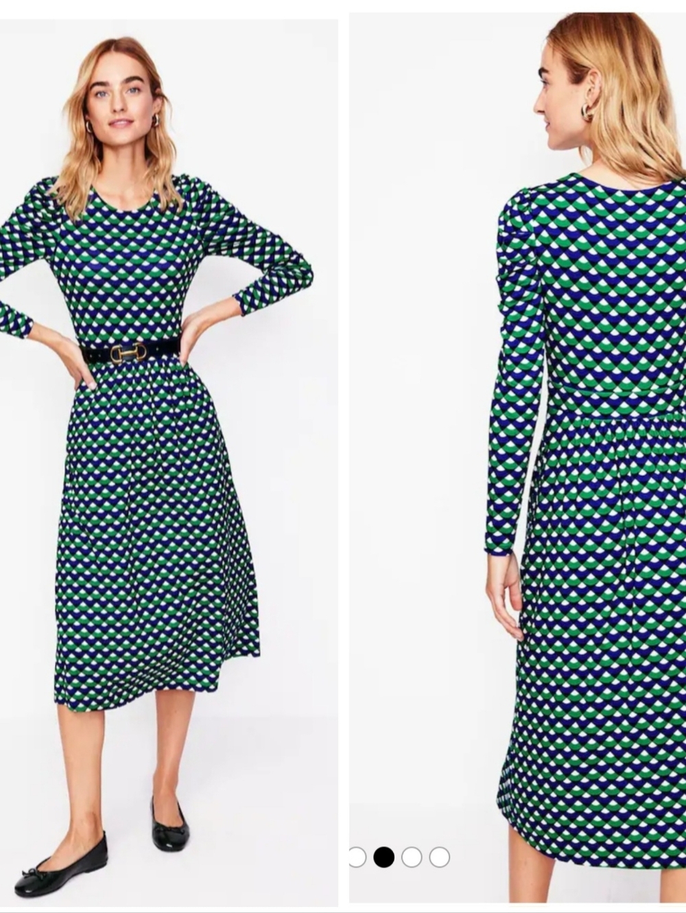 Boden Midi Dress Puff Sleeve Blouson Knit Pockets Geo Purple Green US 14 R